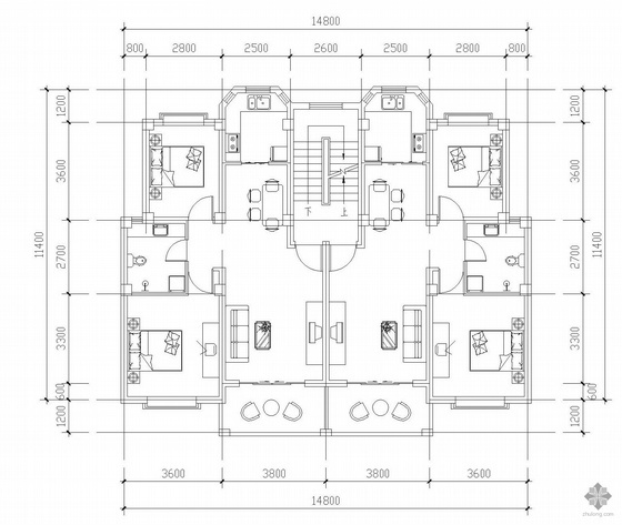 80平米建筑户型图资料下载-板式多层一梯两户户型图(80/80)