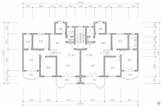 两梯四户板式资料下载-板式多层一梯二户户型图(128/128)