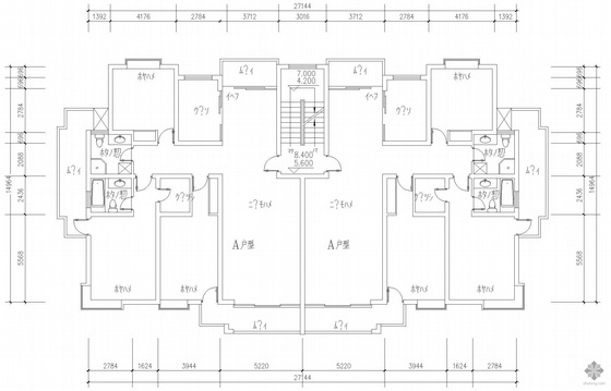 四层住宅一梯两户户型图资料下载-板式多层一梯两户户型图(153/153)