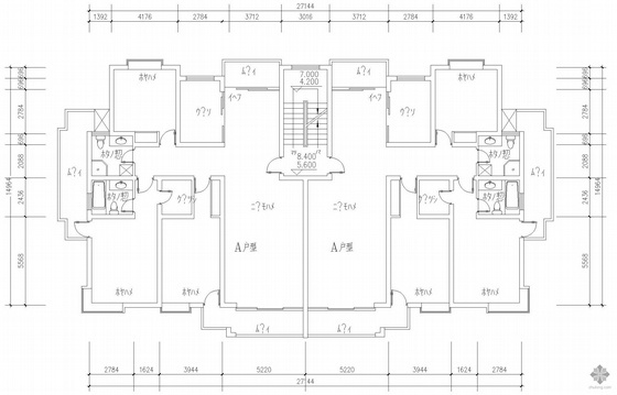 一体两户多层建筑户型图资料下载-板式多层一梯两户户型图(153/153)