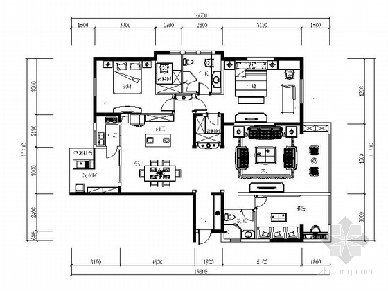 cad平面图三居室资料下载-[成都]独特现代美式三居室样板间CAD装修施工图（含软装图）