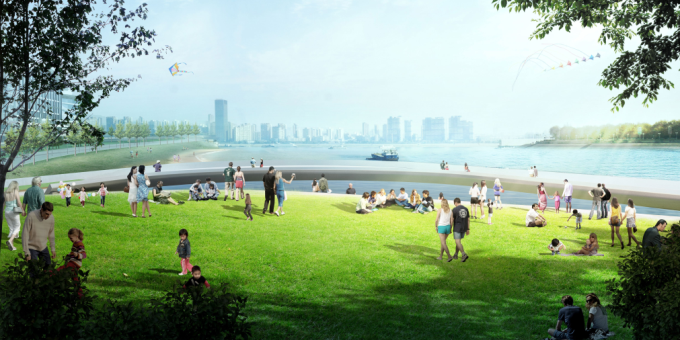 [湖北]“海绵城市”生态智能体验式商业街区景观设计方案（上、中、下篇3个文本）-滨江草坪景观效果图