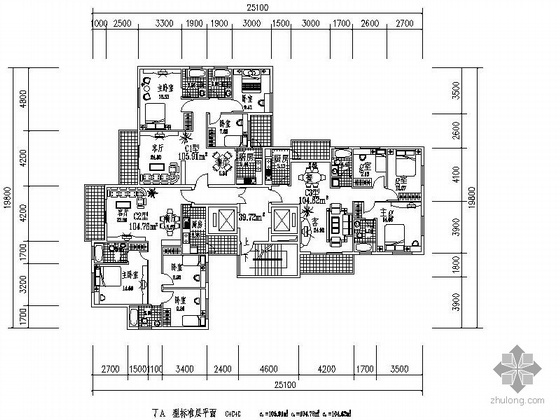 18层一梯三户住宅效果图资料下载-塔式高层一梯三户（106/104.8/104.6）