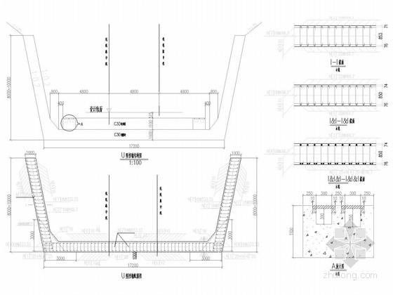 [贵州]铁路新建双线隧道专用洞室及变压器洞室施工咨询图（31张）-隧道U型挡墙设计图