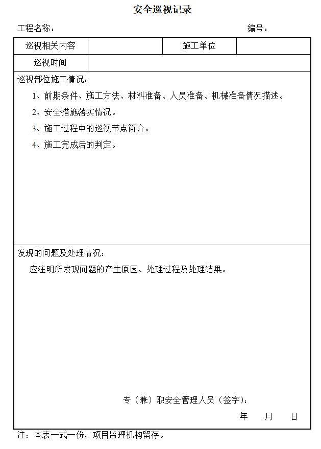 [山东]建筑施工现场监理安全管理资料表格（250页）-安全巡视记录