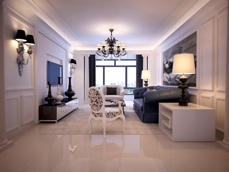 白色欧式客厅3D模型下载-白色欧式客厅