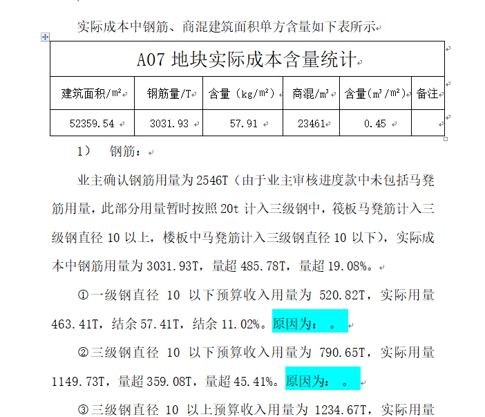 工程成本分析报告范本实例-实际成本含量