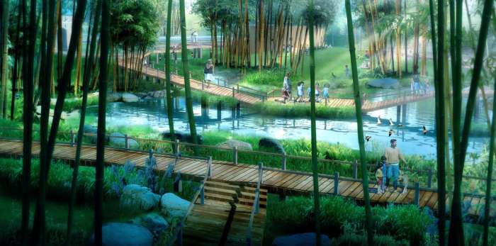 [四川]绿色城市生态滨水中心河道两岸景观规划设计方案-水上森林景观效果图
