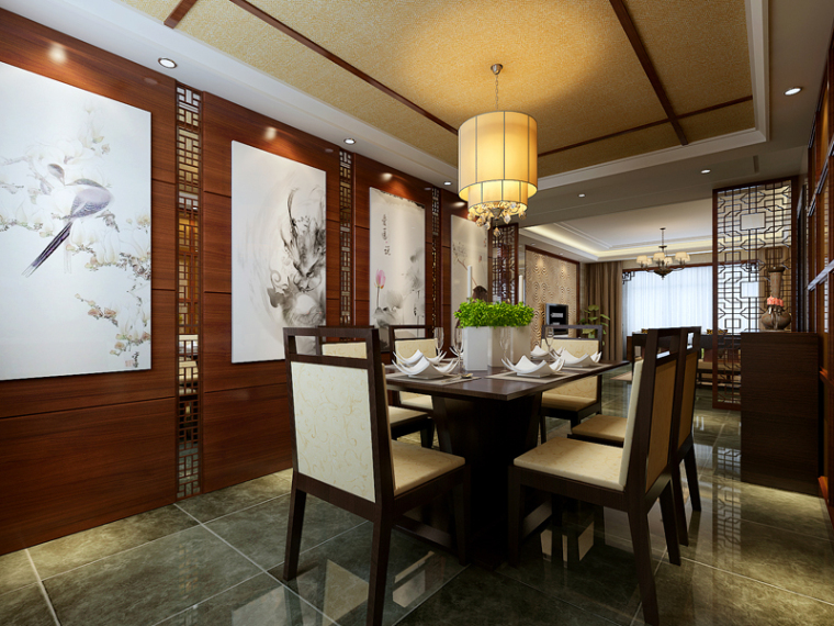 现代中式餐厅3D模型下载-现代中式餐厅