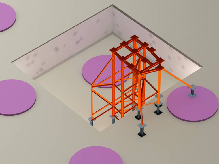 [深圳]超高层塔楼钢结构柱脚支架设计及柱脚安装方案-涉及深坑的外柱柱脚支架三维轴测图（东南角）