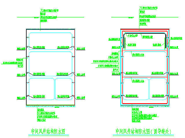 [江苏]过汇段盾构地铁区间工程地下三层中间风井图纸116张CAD（含通风空调给排消防照明）-中间风井防水构造图