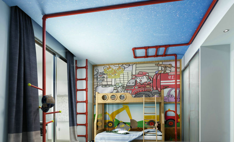 工业风格餐厅3D模型下载资料下载-涂鸦风格管道儿童房3D模型