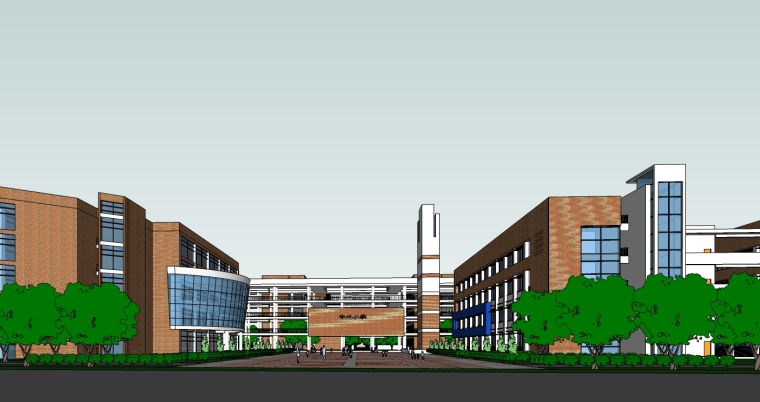 现代风格中学整体建筑设计SU模型-主入口透视图