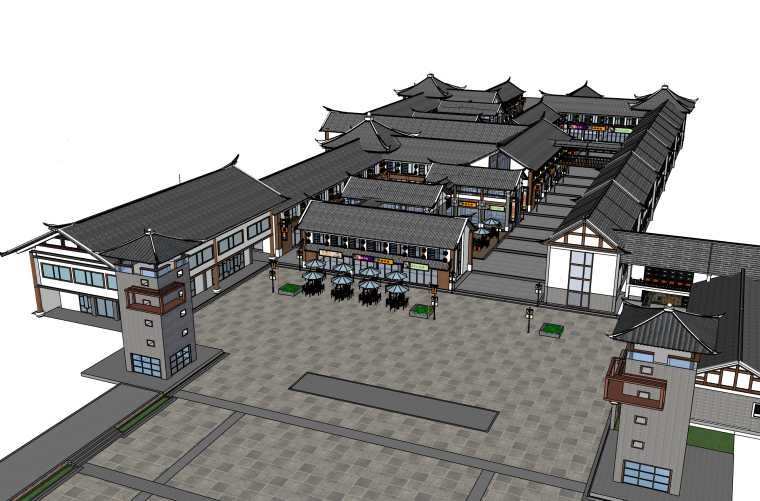 建筑商业规划平面资料下载-古建筑商业街建筑SU模型