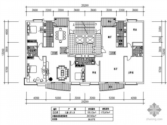 小高层一梯四北梯户型图资料下载-板式高层一梯二户户型图（174/174）