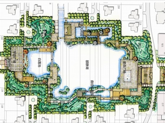 中心花园意向图资料下载-[山东]新中式风格仿江南水城居住区中心花园景观设计方案