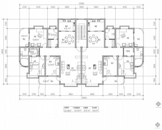 70平米两室一厅两卫资料下载-板式多层一梯两户二室一厅一卫户型图(221/221)