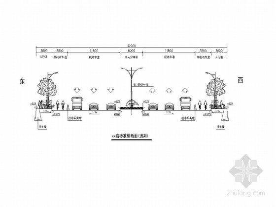 30米～55米道路标准横断面5张CAD（四车道六车道八车道）-42m道路双向六车道标准横断面图 