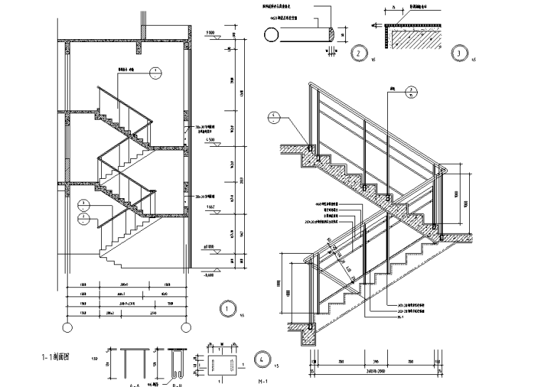 楼梯踏步扶手剖面立面详图资料下载-44个普通楼梯节点详图