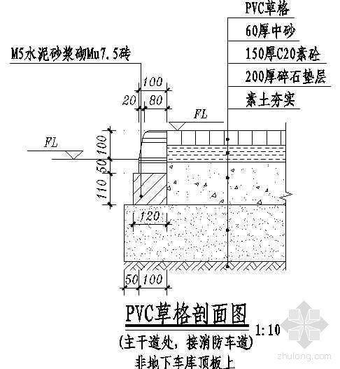 主干道剖面图资料下载-PVC草格剖面图（主干道处接消防车道）