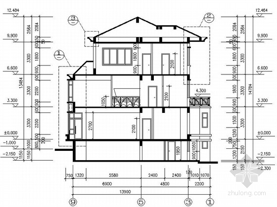 [新农村]3层新中式风格独栋别墅设计施工图（含效果图）-3层新中式风格独栋别墅设计剖面图 