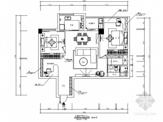异域二居室装修图资料下载-[温州]88㎡二居室设计装修图