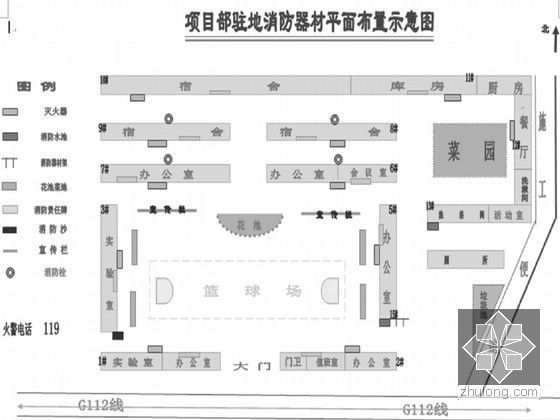 [PPT]高速公路工程新进场施工人员安全教育培训（106页 2013年）-项目部驻地消防器材平面布置示意图