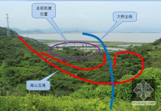 [浙江]主桥双塔整幅叠合梁斜拉桥群桩基础跨海大桥投标施工组织设计216页-总部位置示意图