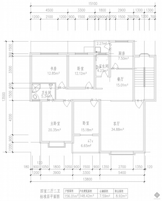 156平方米户型图资料下载-板式多层单户四室二厅二卫户型图(156)