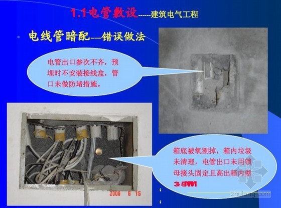 建筑电气工程设备安装施工要点解析112页（含一线施工现场高清图片）-电线管暗配错误做法