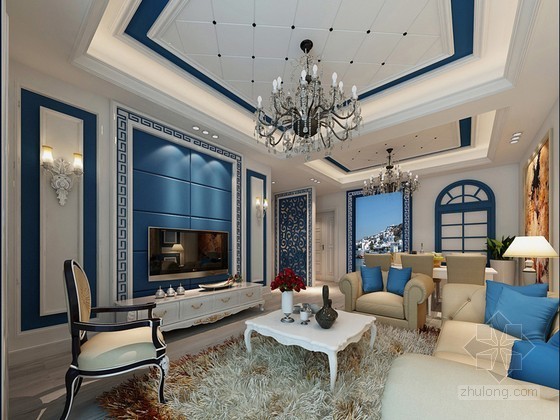 客厅卧室3D模型资料下载-地中海风格居室3D模型下载
