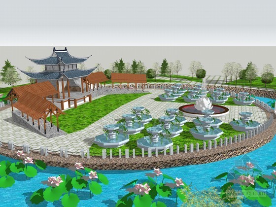 中式山水园林模型资料下载-中式园林SketchUp模型下载