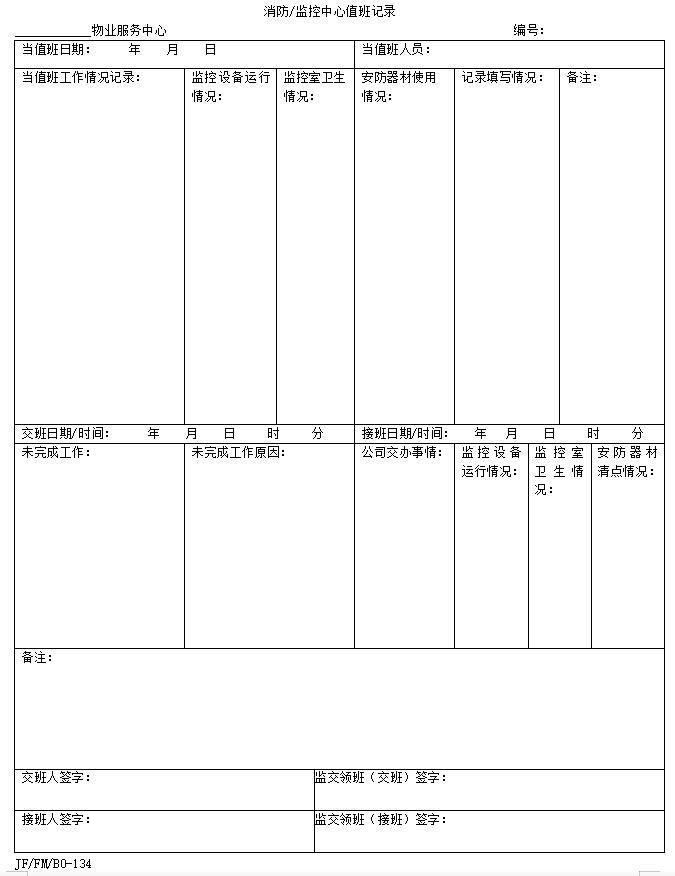 [云南]房地产物业管理表单(全套，191页)-消防、监控中心值班记录