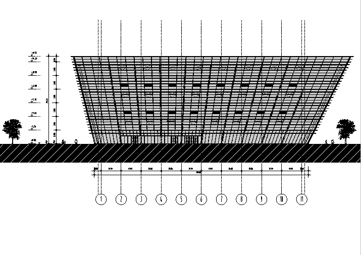 [江苏]六层梯形造型框架结构图书馆建筑施工图(含全专业图纸）-六层梯形造型框架结构图书馆建筑立面图