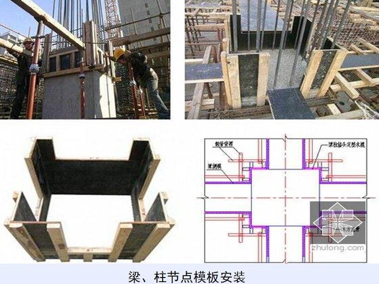 [陕西]框架结构厂房模板工程施工方案汇报PPT（89页，附图丰富精美）-梁、柱节点模板安装