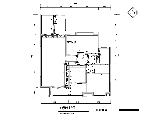 美式田园风三居室住宅设计施工图（附效果图）-新建墙体定位图