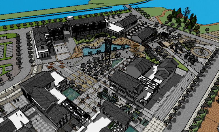 墨西哥码头及湖滨广场资料下载-新中式风格码头及广场SU模型