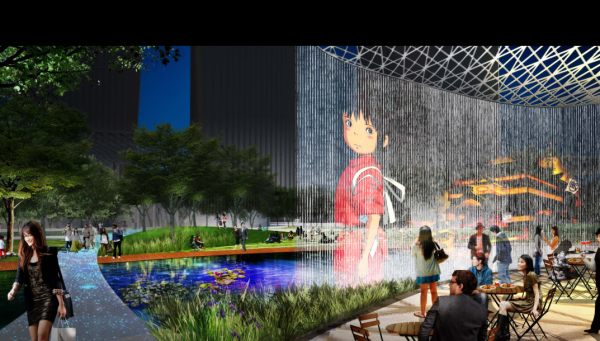 [上海]生态绿色轴线城市公园景观规划设计方案-中央露天广场倒影池夜景效果图