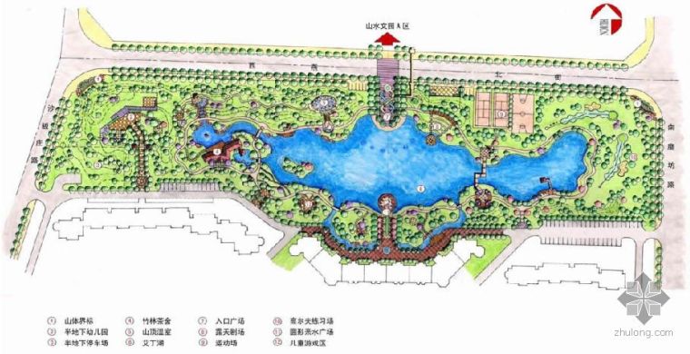 别墅园林案例手绘平面资料下载-[手绘]北京某小区中央花园手绘总平面