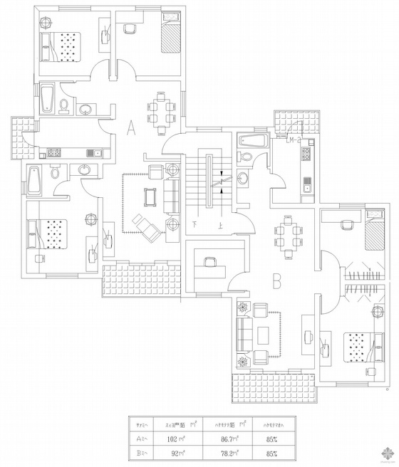 18层板式住宅户型图资料下载-板式多层一梯两户户型图(102/92)