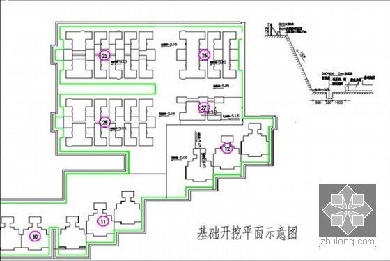 [陕西]剪力墙结构高层及多层住宅工程施工组织设计（511页 技术标）-基础开挖平面图