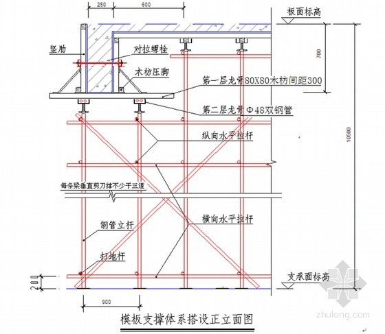 [广东]医疗办公楼工程高支模专项施工方案(100页 附计算书)-模板支撑体系搭设正立面图 