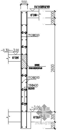 坡道CAD大样资料下载-某地下室坡道侧墙大样节点构造详图