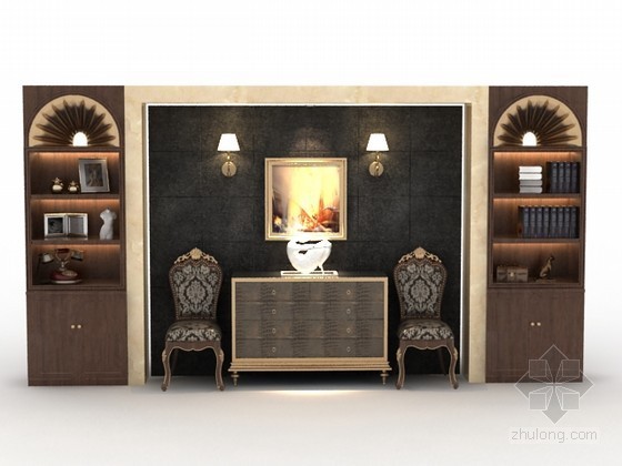 欧式书柜3d模型资料下载-欧式风格壁柜椅子组合3d模型下载