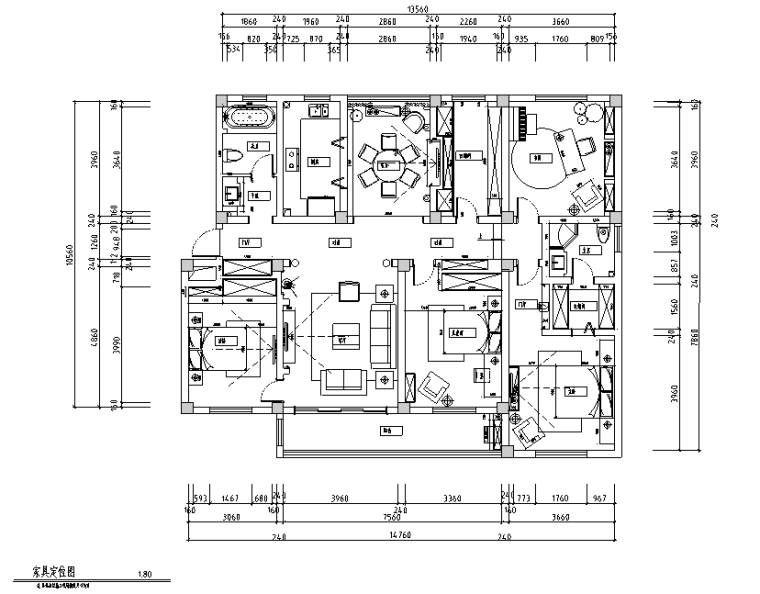 [江苏]美式新古典风格200平四居室住宅设计施工图（附效果图）-家具定位图