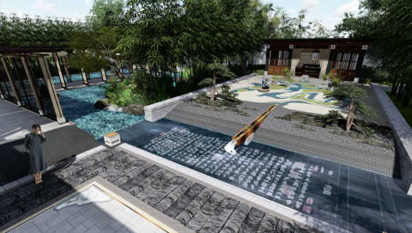 [江苏]“苏式韵味”新中式下沉式庭院景观设计方案（附实景图）-后院空间景观效果图