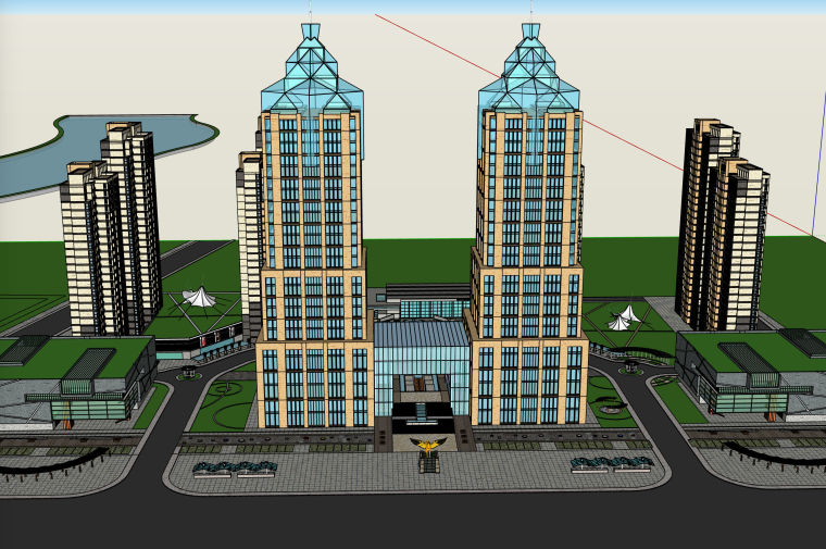 办公综合体建筑设计施工图资料下载-欧式双塔型综合体建筑设计