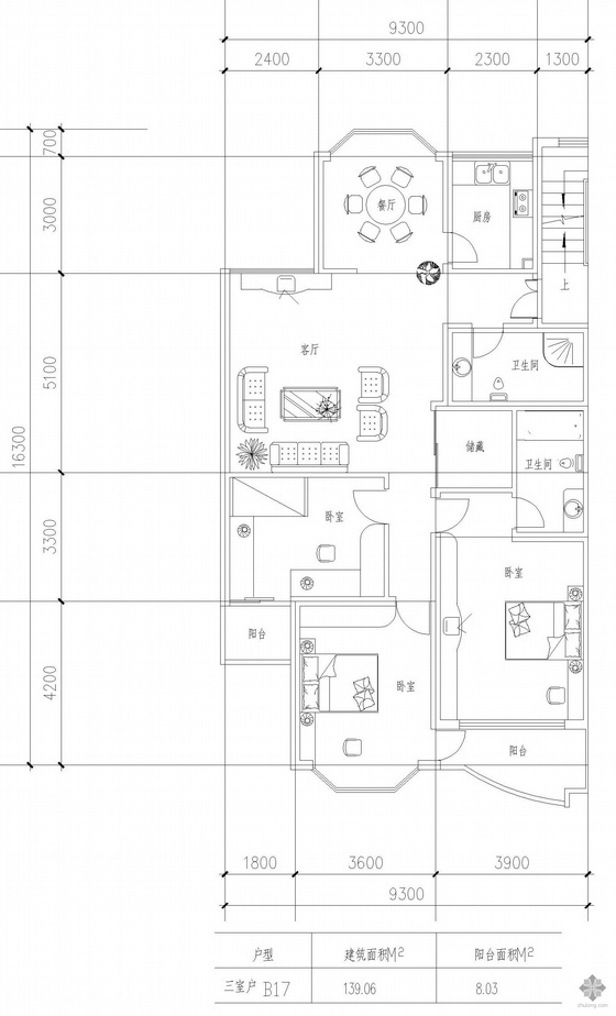 户型图三室一厅资料下载-板式多层一梯两户三室一厅二卫户型图(139/139)