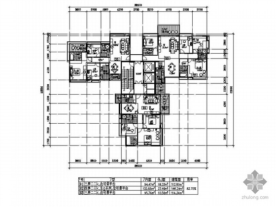 26层住宅一梯三户型资料下载-一梯三户户型方案（113/146/115）