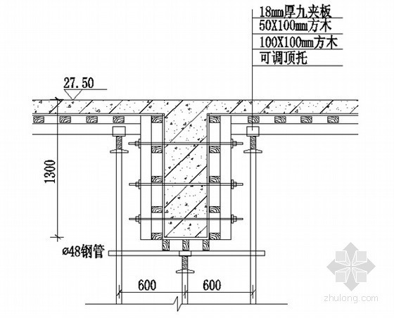 变电所装置楼工程扣件式满堂支撑架施工方案(55页)-梁支模加固示意图 